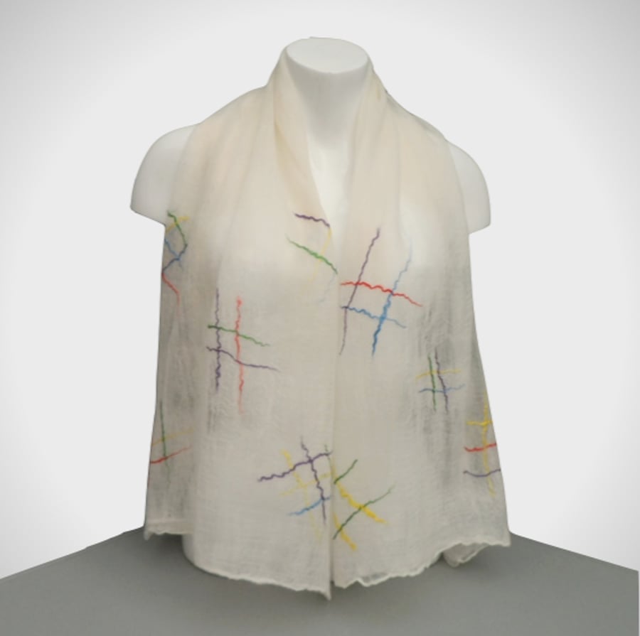 Nuno felted silk scarf with bright cross hatch pattern, gift boxed - REDUCED