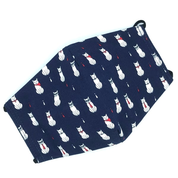 Smart Cats Navy Face Mask. Triple Layered. 100 % Cotton Fabric.