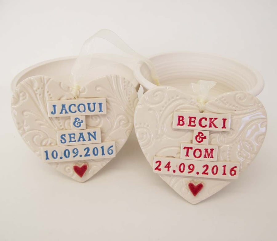 Ceramic Wedding hearts made to order Wedding gift, bride and groom