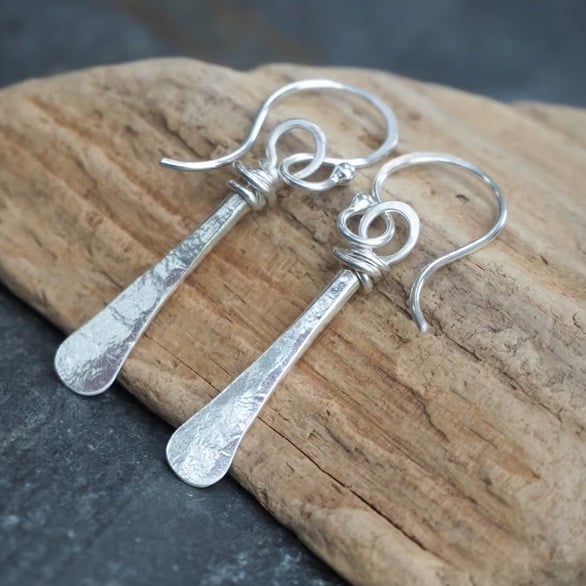 Forged Sterling Silver Dangle Earrings; Hammered Silver Jewellery