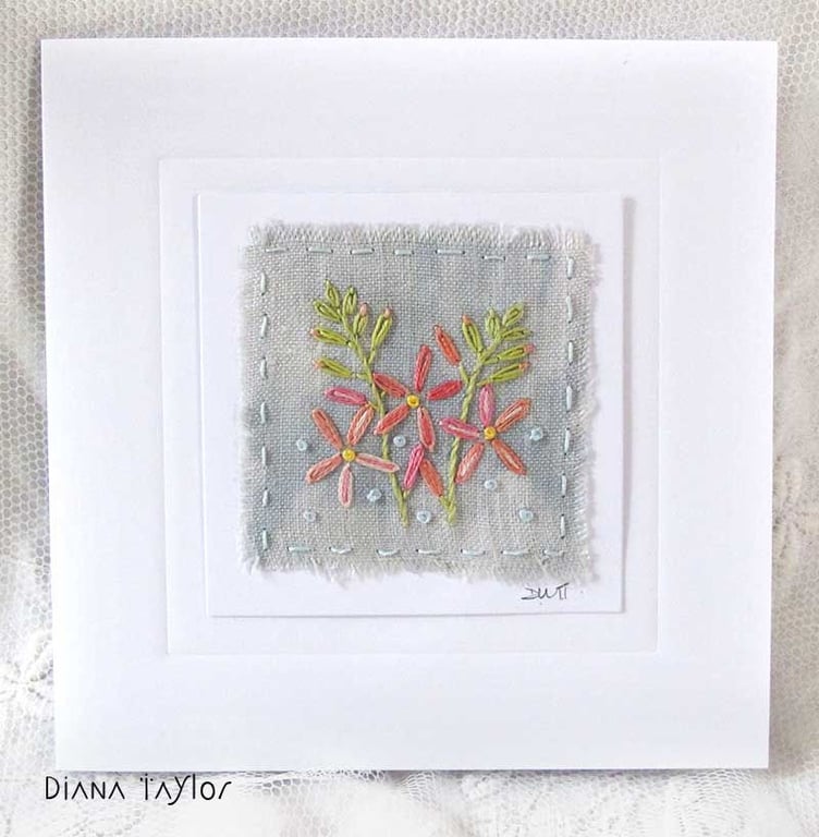 HAND EMBROIDERED FLORAL GREETINGS CARD