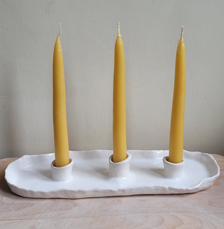 White pottery triple candle holder with hand pinched rim handmade pottery gift