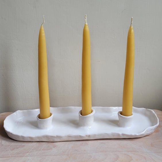 White pottery triple candle holder with hand pinched rim handmade pottery gift