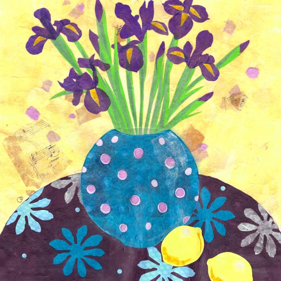 Irises Collage Fine Art Square Handmade Greeting Card