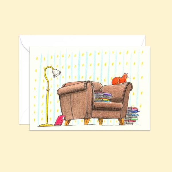 Bookish Cat Greeting Card: Hand Drawn Illustration of a Cosy Ginger Cat (116)