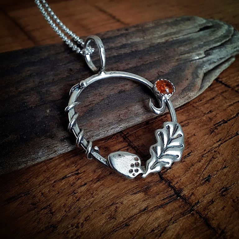 Handmade Acorn Oak Leaf Amber Silver Necklace