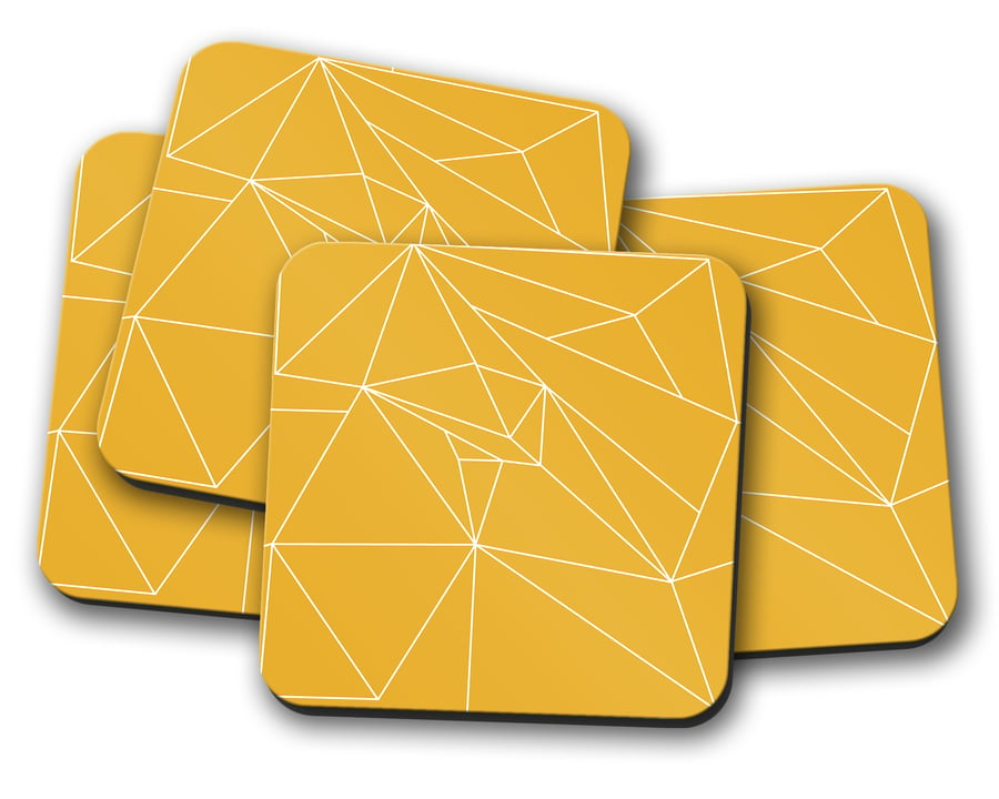 Set of 4 Yellow Coasters with a White Line Geometric Design