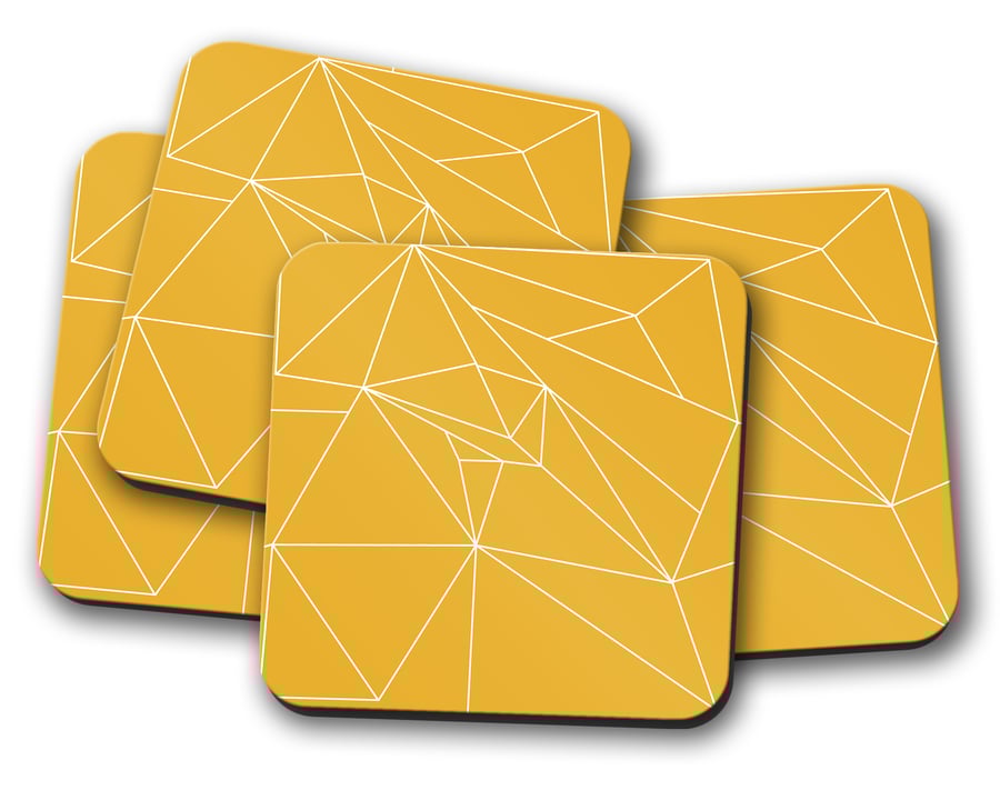 Set of 4 Yellow Coasters with a White Line Geometric Design