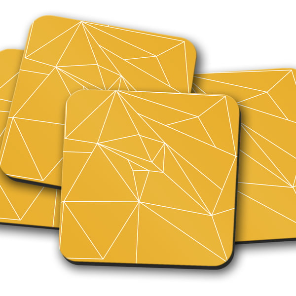 Set of 4 Yellow Coasters with a White Line Geometric Design