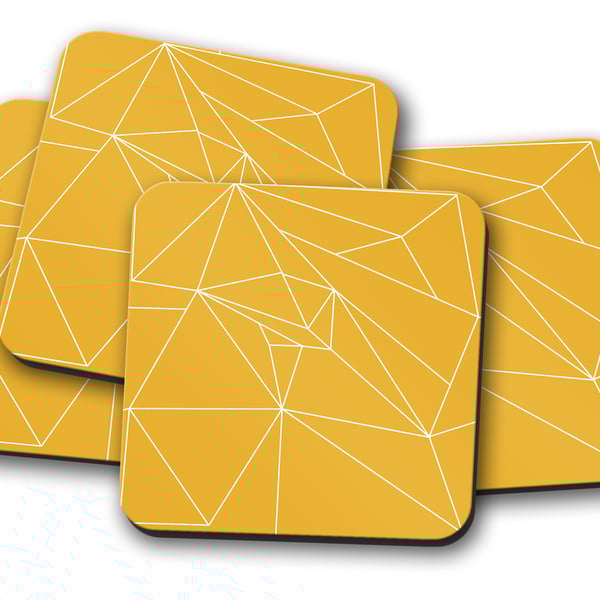 Set of 4 Yellow Coasters with a White Line Geometric Design