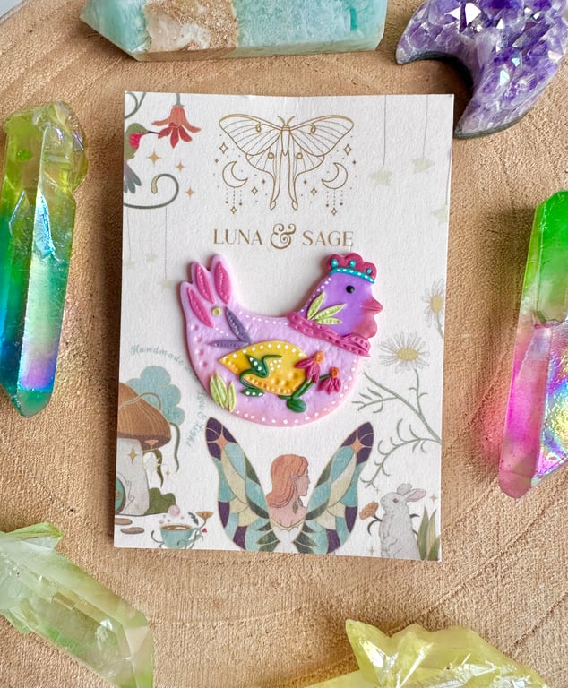 Funky Colourful Chicken Polymer Clay badge pin