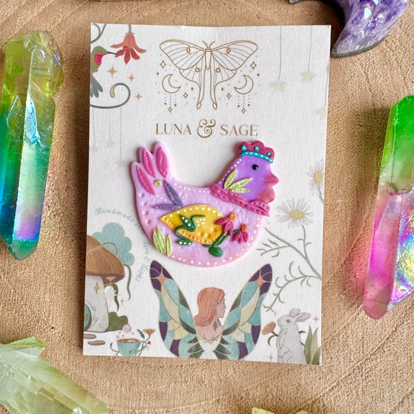 Funky Colourful Chicken Polymer Clay badge pin