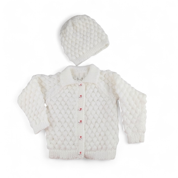 Baby cardigan and hat hand knitted in white bubble stitch  to fit 9 - 18 months 