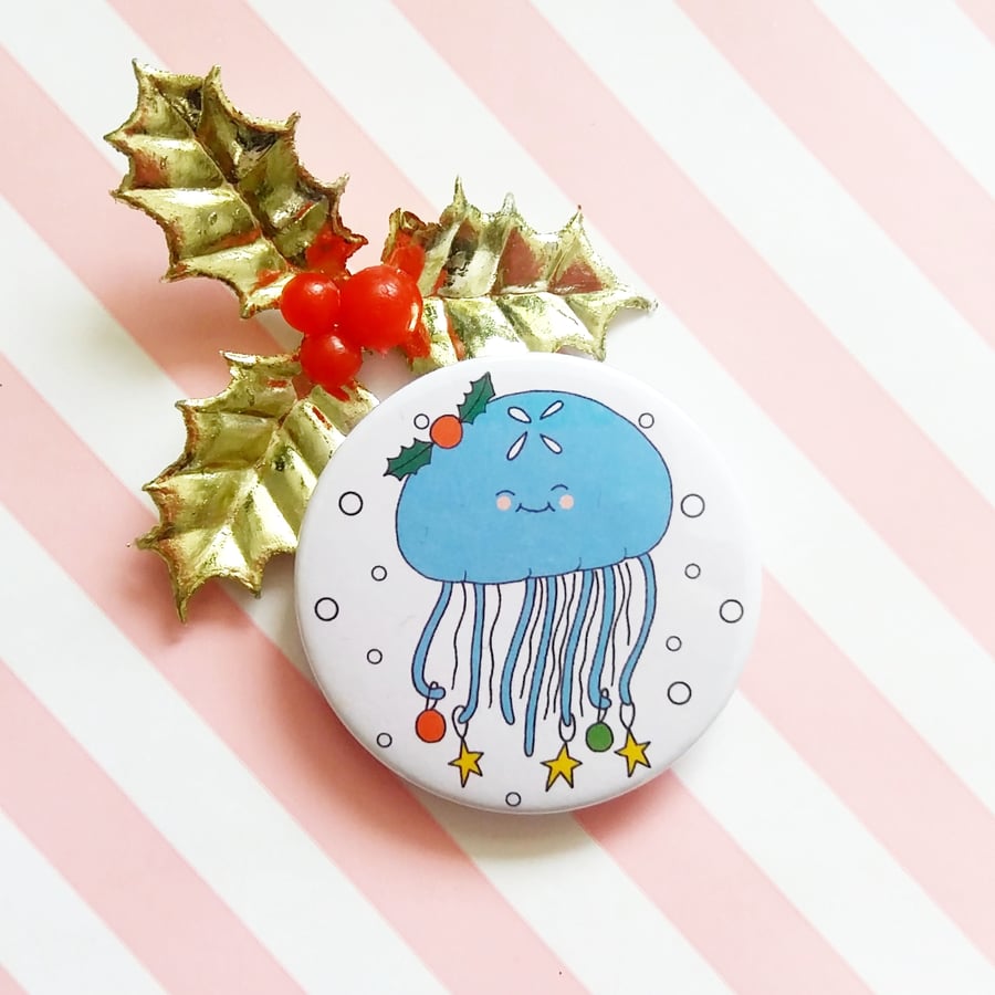 moon jellyfish badge (white) -  45mm handmade pin badge  - christmas badge