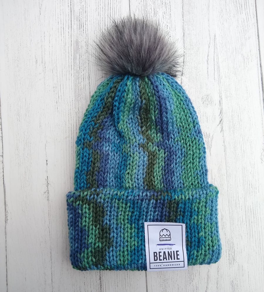 Blue Green Beanie, Winter hat, Bobble hat