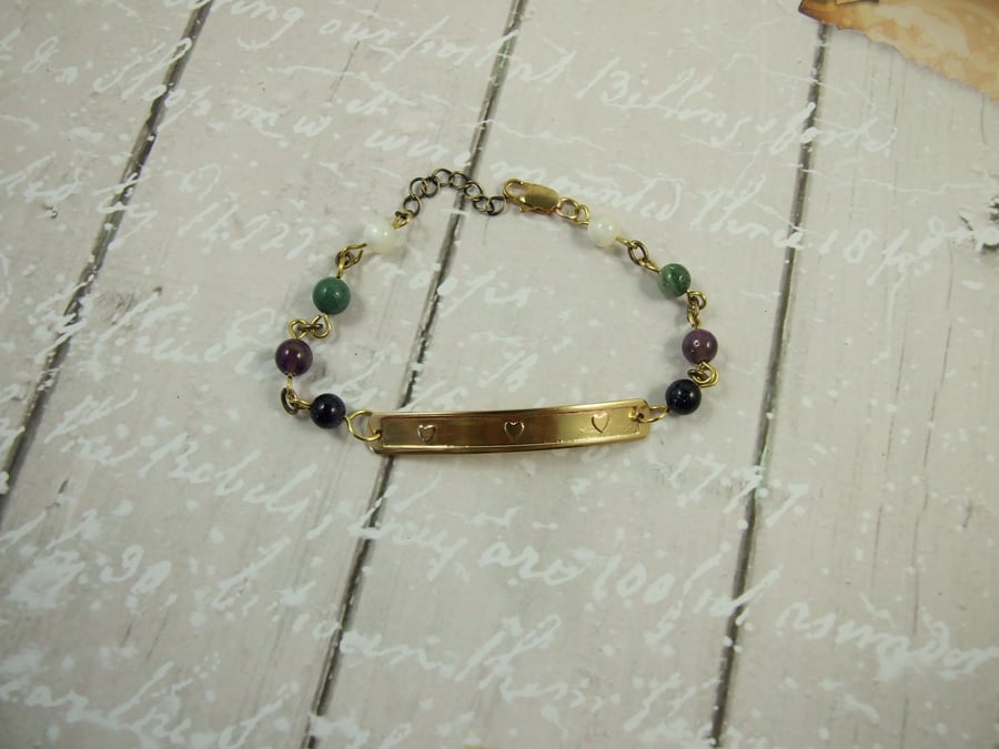 Little Hearts Bar Bracelet, Brass with Lapis Lazuli, Shell, Jasper and Amethyst 