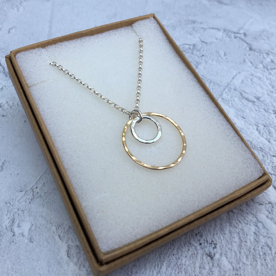 Silver and Gold Circle Necklace, Two Ring Necklace, 9ct Gold - NEK039