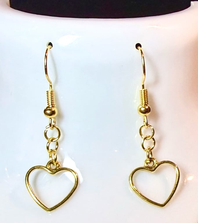 Handmade 14 Karat Gold Hollow Heart Dangle Earrings 