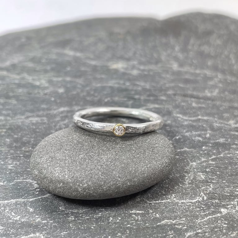 Skinny silver stacking ring with diamond in 18ct gold setting size M