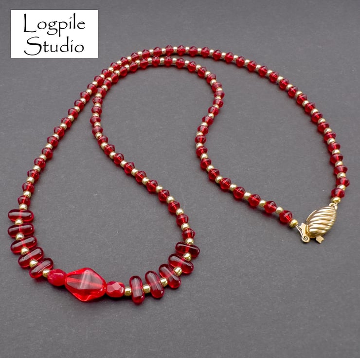 Necklace Red and Gold Beads - Folksy