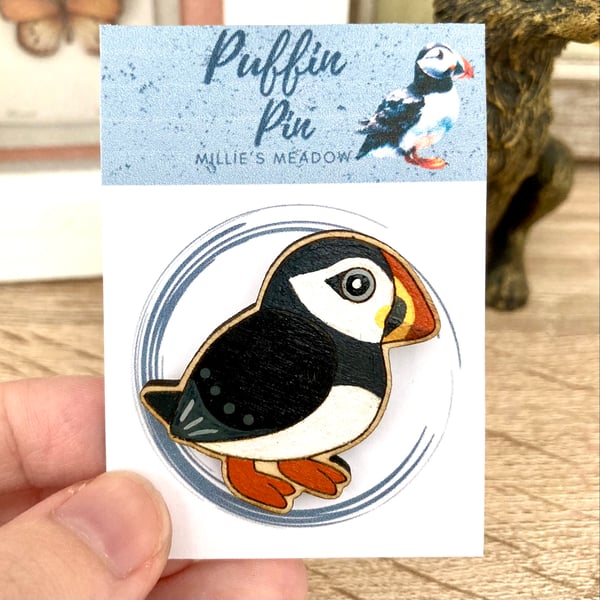 Puffin wooden pin badge brooch