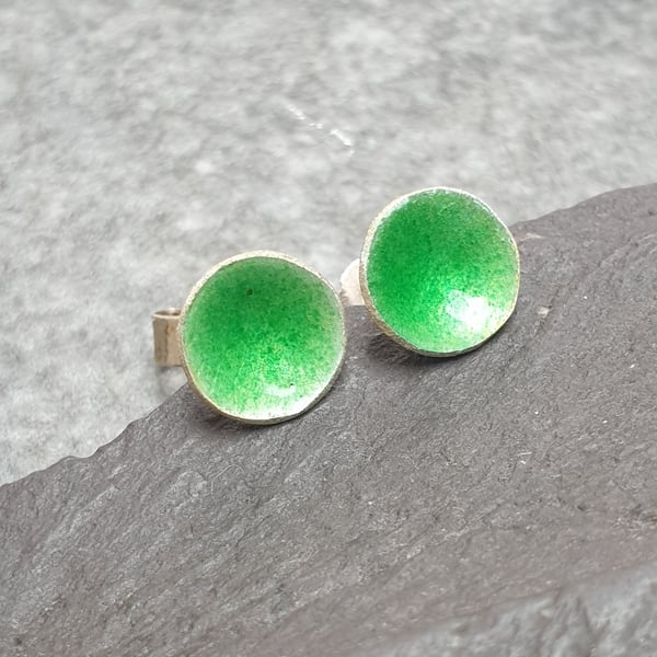 Green enamel earrings, Small round studs, Apple green jewellery