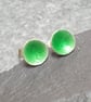 Green enamel earrings, Small round studs, Apple green jewellery
