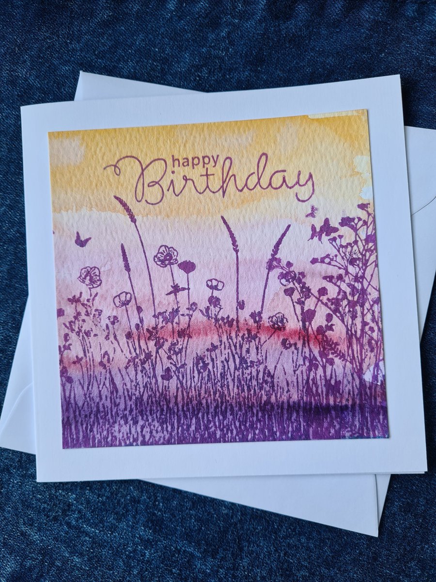 Purple pink orange wildflower watercolour birthday card