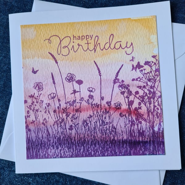 Purple pink orange wildflower watercolour birthday card