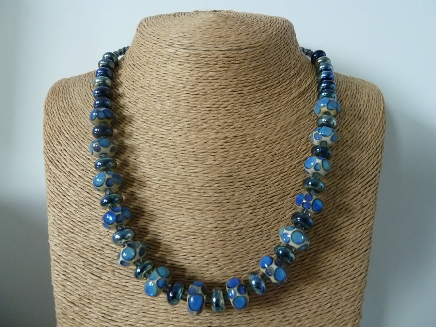 blue spot lampwork glass necklace