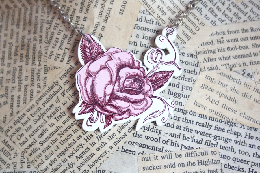 Rockabilly Rose Tattoo Rose Wooden Pendant Necklace