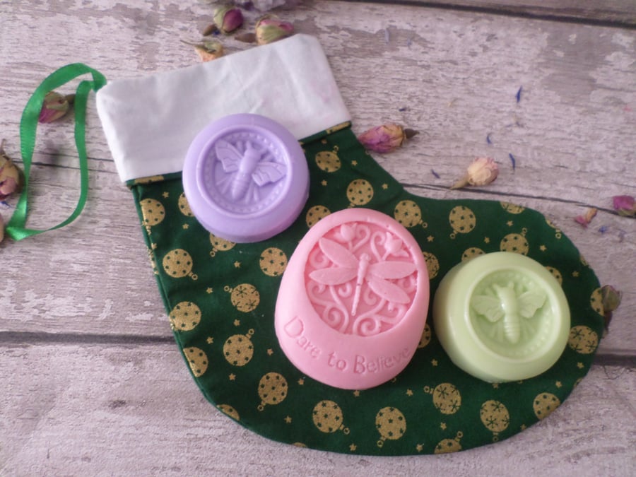 Handmade Natural Soaps Set Of Three With Lined Cotton Christmas Stocking Bag