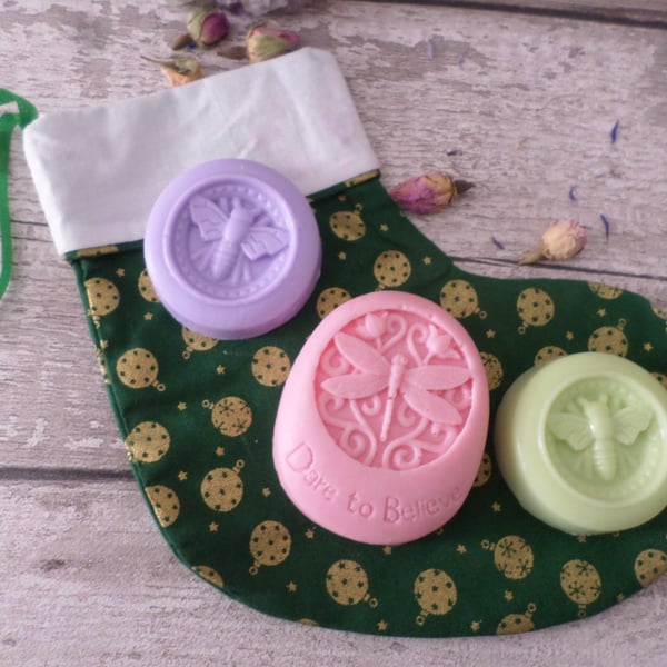 Handmade Natural Soaps Set Of Three With Lined Cotton Christmas Stocking Bag