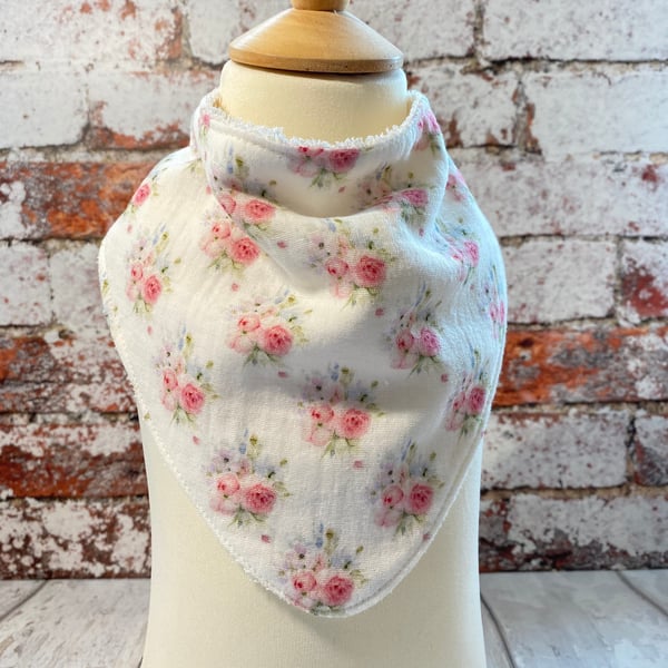 Baby Dribble Bib Bandana One Size Cotton Double Gauze Bamboo White Pink Flowers