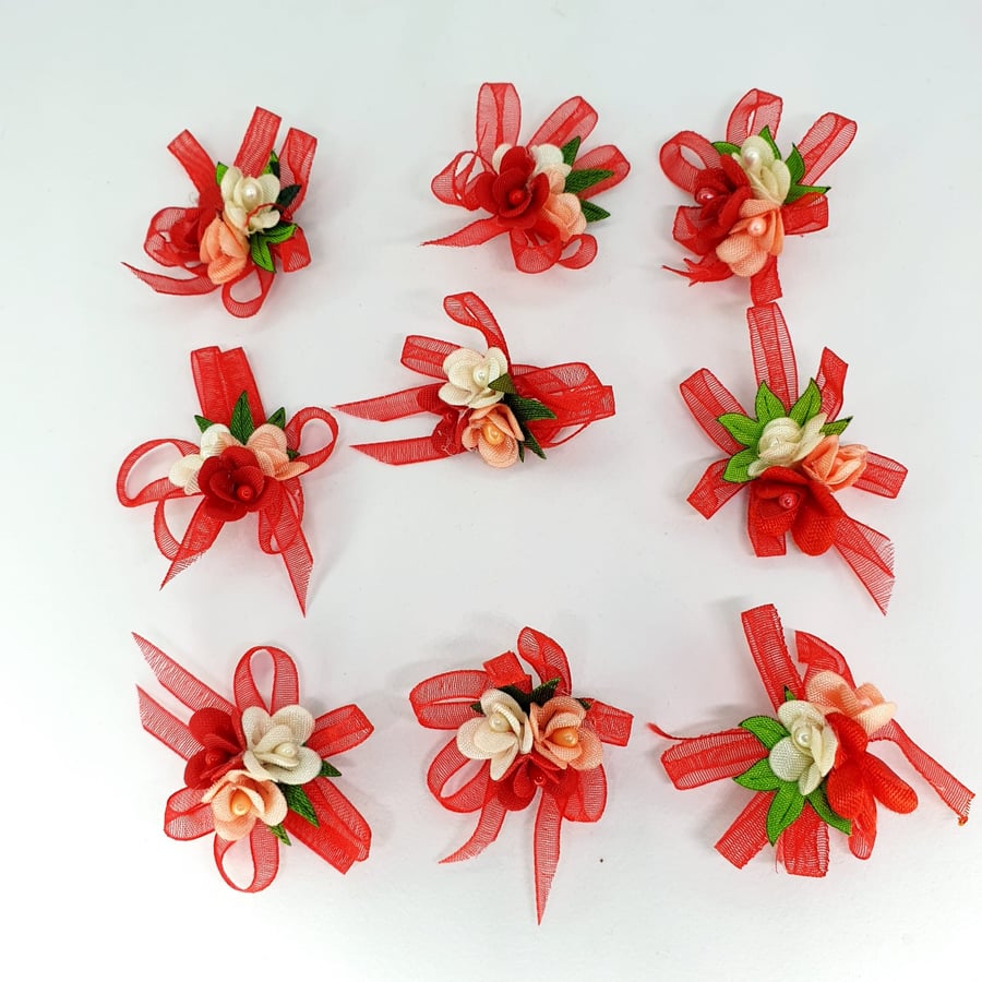 10 Pcs Bright Red Organza Flowers Embellishments 25mm - 30mm