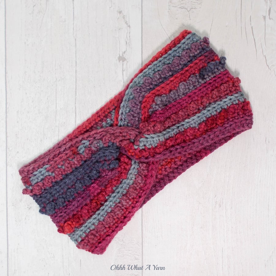 Crochet headband, ear warmer. Berry shades crochet twist headband. 