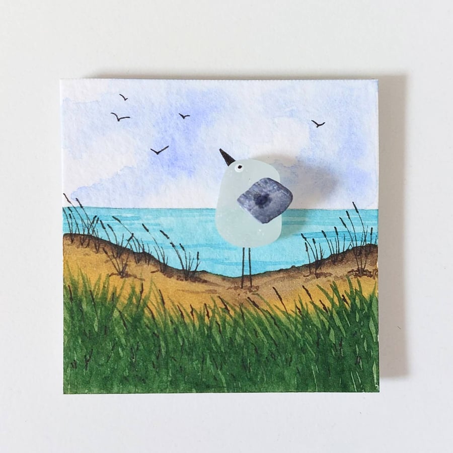 Handmade Seagull Sea Glass and Watercolour Mini Canvas Fridge Magnet