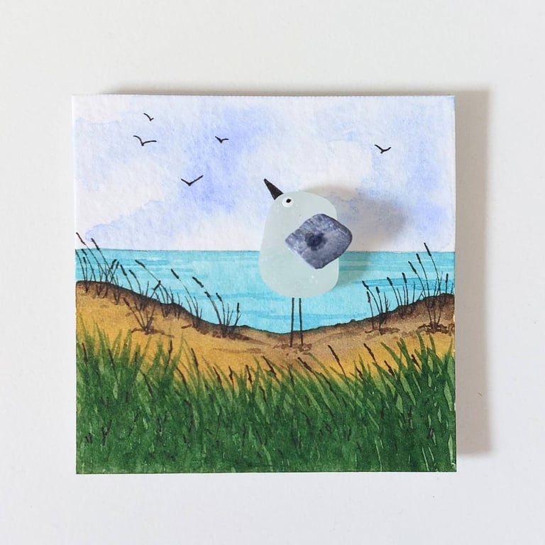 Handmade Seagull Sea Glass and Watercolour Mini Canvas Fridge Magnet