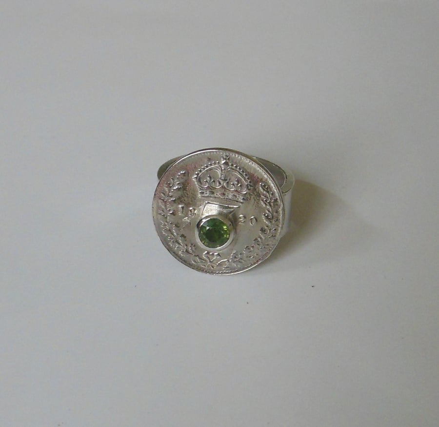 1920 silver threepence ring set with coloured sapphire 