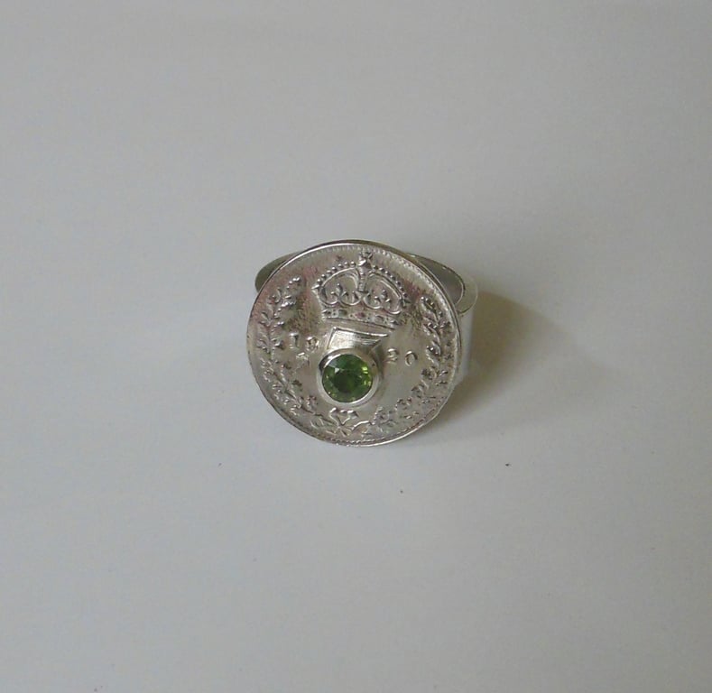 1920 silver threepence ring set with coloured sapphire 