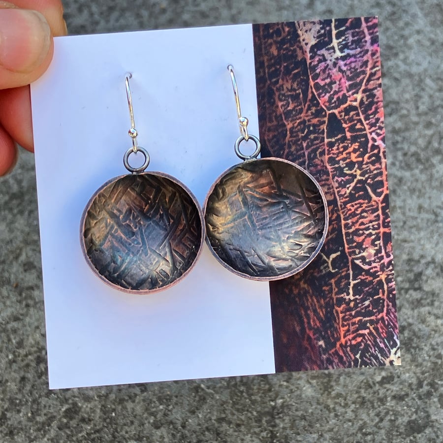 Oxidised copper bowl dangle earrings with sterling silver hooks.