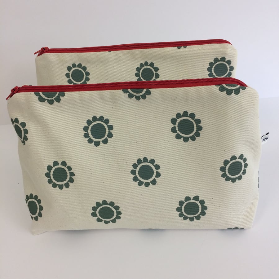 Sage green floral spot zipped cosmetic bag