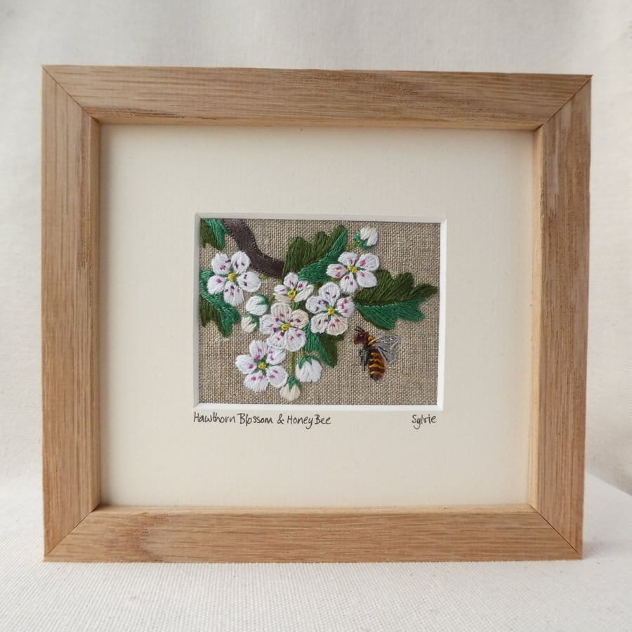 Hawthorn Blossom and Honey Bee - handstitched picture