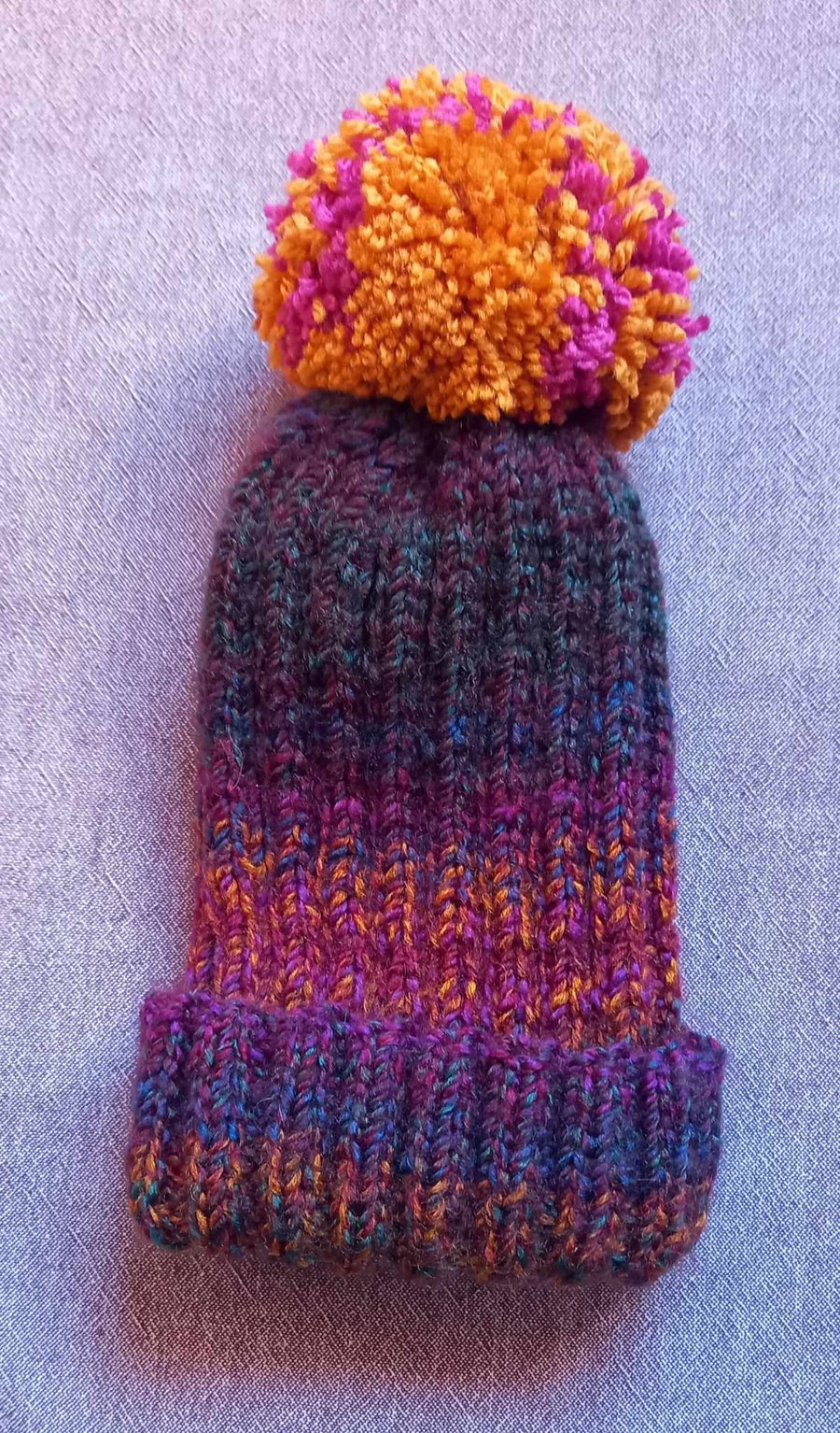 Adult ribbed bobble hat green, pink, mixed colours with hand sewn chunky bobble
