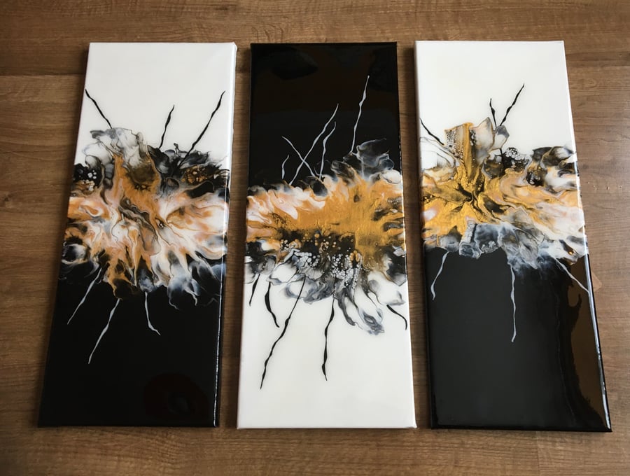 Original acrylic painting, black, white, gold. Resin finish. Triptych 