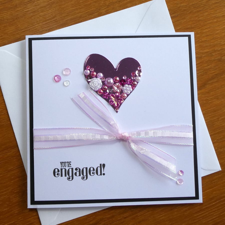 Embellished Heart Engagement Card - Pink