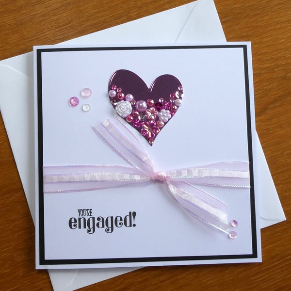 Embellished Heart Engagement Card - Pink