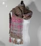 Beautiful Hand Woven in Plain Weave. Mushroom and Pink Scarf with Tassels.