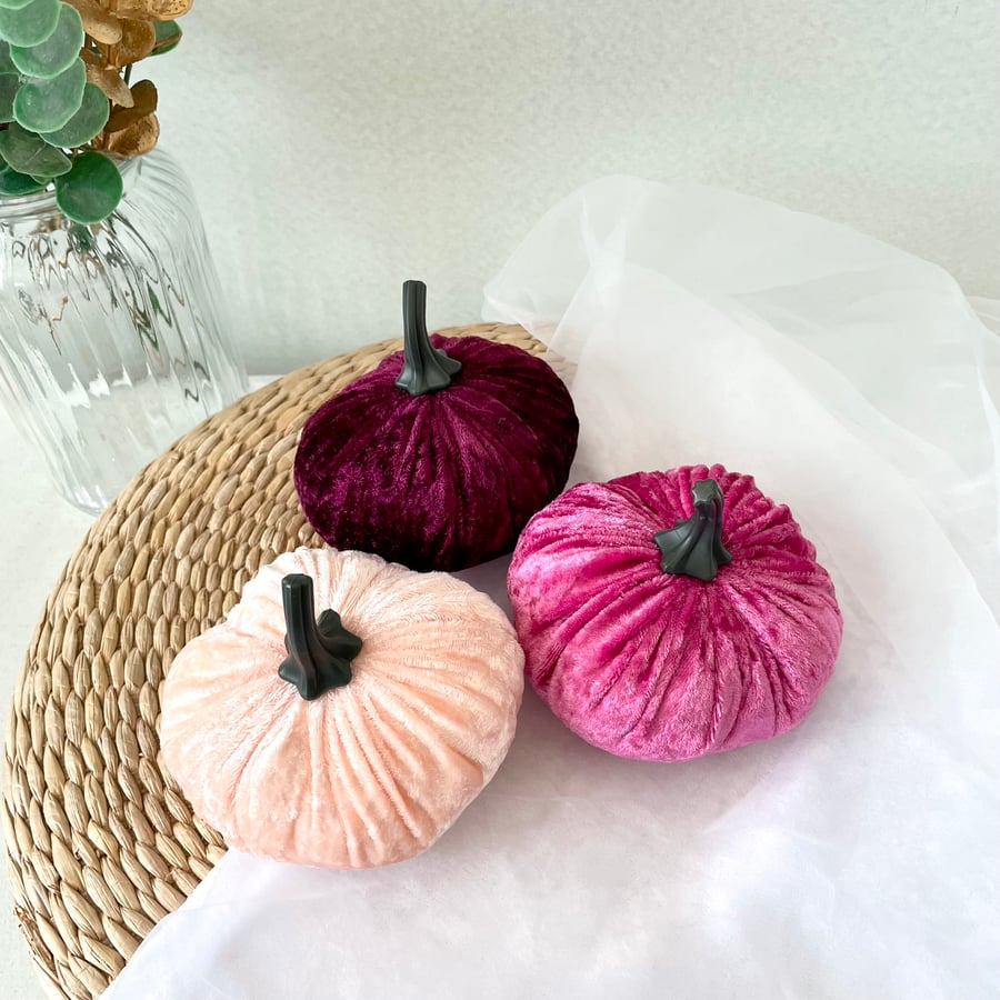 Pink and Wine Red Velvet Pumpkins Set of 3 Autumn Home Decor Pink Halloween 