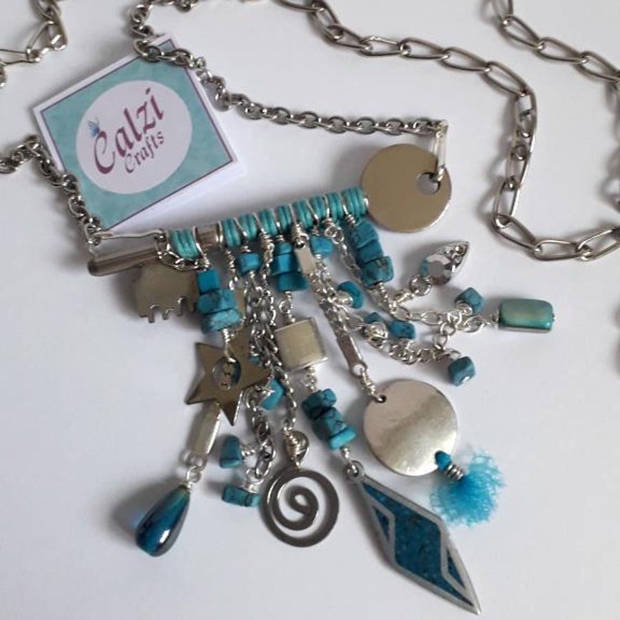 Upcycled Silver Tone Key & Turquoise Boho Necklace
